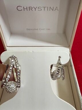 Chrystina Genuine Crystal Silvertone Earrings Clear Sparkly Stones Split Hoop